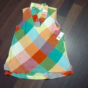 Multi Gingham Ruffle Neck sleeveless shirt